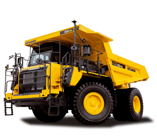 Yellow heavy-duty dump truck on white background
